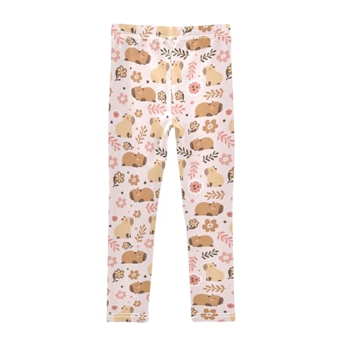 Cute Capybara Pink Flowers Girls Leggings Soft Comfortable Athletic Leggings Dancing Pants for 4-10 Years2