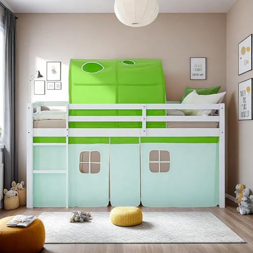 Homestyle4u Hochbett 90x200 grün Vorhang Bettzelt Kinderbett mit Rausfallschutz Leiter Holz Kiefer Massiv Lattenrost Homestyle4u Hochbett 90x200 grün Vorhang Bettzelt Kinderbett mit Rausfallschutz Leiter Holz Kiefer Massiv Lattenrost