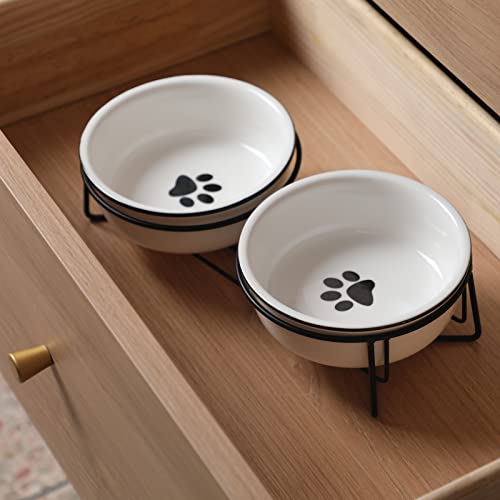 GDCZ Ceramics Raised Cat Small Dog Bowls with Heighten Metal Stand for Pet Food 15 Ounces, White - Thumbnail 4