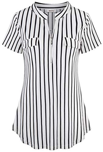 BEPEI Black and White Striped Shirt Women,Summer Short Sleeve Top Lightweight Work Tee Shirt Loose Fitting Curved Hem Tunic Stand Collar Business Blouse Plus Size Maternity Pregnant Clothes 2XL