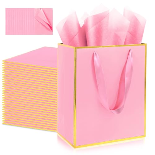 Addblu 28 Pack Bulk Luxury Gift Bags with Handles, Medium Size 9x7x3.15 Inches - Includes 28 Tissue Papers for Wedding, Birthday, Baby Shower, Thanksgiving, Christmas, & Party Favors (Pink with Gold Foil Trim)