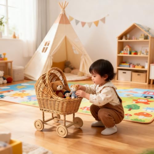 GODNOEI Vintage Woven Rattan Stroller-Shaped Flower Basket with Wheels by GODNOEI - Used condition - Image 7