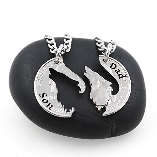 NameCoins Howling Wolf Necklaces for 2, Father and Son, Matching Son and Dad Pendants, Family Jewelry, Hand Cut Coin (Silver Quarter)