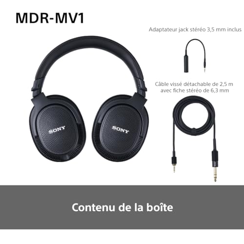 Sony MDR-MV1, Casque Studio de Type Ouvert, câblé pour Le mixage et Le Mastering, Son Neutre et précis Entre 5Hz et 80kHz, Son Spatial et stéréo, câble détachable à Visser, Confort supérieur, Noir