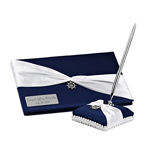 OnePlace Gifts Personalized Wedding Bridal Reception Guestbook and Pen Set Navy Blue with Antique Silver Charm