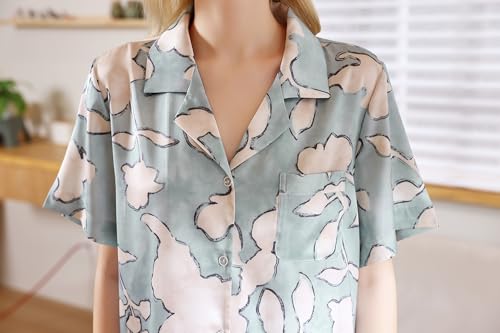 Image of YiNi LuLu Womens Silk Satin Shorts Pajamas Set Button Down 2 Piece Pjs Short Sleeve Oversized Sleepwear with Pockets