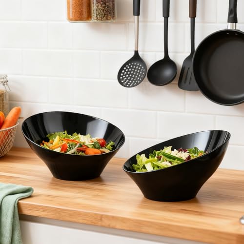 Bestluck 12pack Black Angled Plastic Bowls,20oz Salad Serving Bowls,Plastic Serving Bowl for Wedding, Party, Halloween, Catering