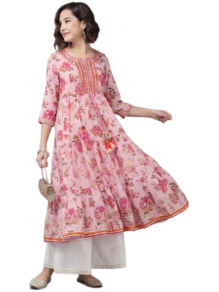 Rain & Rainbow Women Pink & Green Floral Print Tiered Anarkali Kurta with tie-Ups