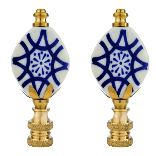 Image of Royal Designs, Inc. Crackled Oval Disk White with Blue Accent Finial for Lamp Shade, F-5304-PB-2, Polished Brass - Pack of 2