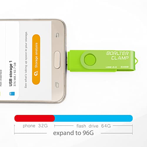 Image of BorlterClamp 64GB USB Flash Drive Dual Port Memory Stick, OTG Thumb Drive with Micro USB Drive Port for Android Smartphone Tablet & Computer (Green)