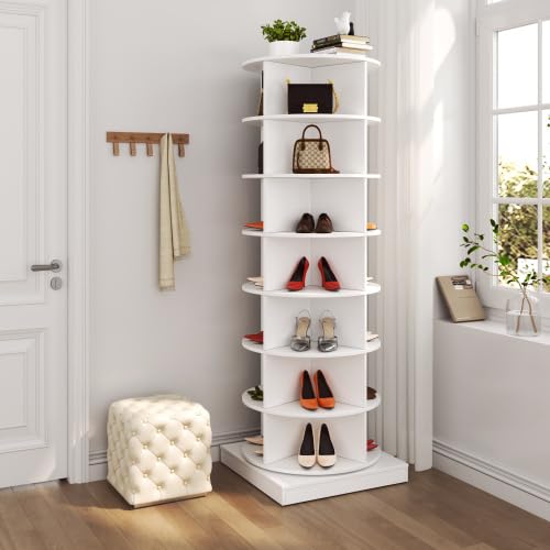 Image of HKLYRHIMO Rotating Storage Rack-American Design White-7-Tier Spinning Storage Rack,Free Standing 360 Revolving Shoe Organizer-for Bedroom,Livingroom,Hallway. (White,7-Tier with Base)