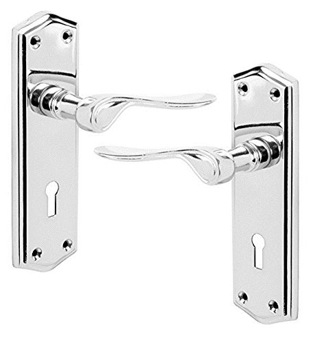 KOOPLES HARDWARE Lever on Backplate Lever Lock Scroll Door Handles, Elegant Door Handle Set, Epsom Shaped on Long Backplate, Ideal for All Types of Internal Wooden Doors (Satin Chrome)