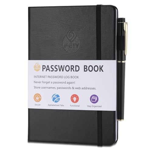 JIANTA Passwortbuch, Passwortbuch mit Register A-Z, und Gelstifte, Organizer für Websites, Benutzernamen und Passwörtern, Platz für 480 Passwörter, mit Stiftschlaufe, Gummiband, Innentasche(Schwarz)