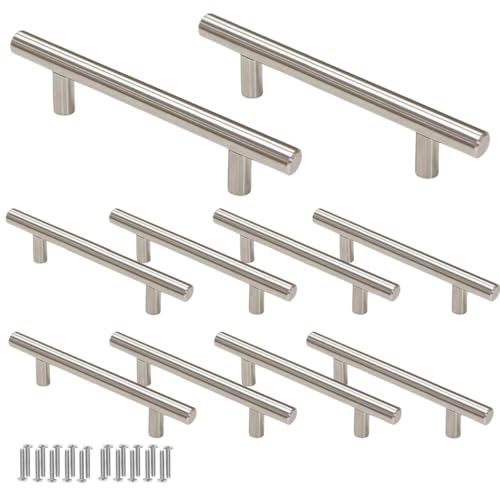 Tiandiandudu 10 Pcs Brushed Nickel Cabinet Pulls, 96mm Hole Center Brushed Nickel Stainless Steel Cabinet Handles for Drawer Dresser Pulls, Kitchen and Bathroom Cabinets (Silver)