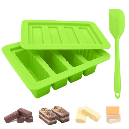 JINGIHE 4-Cavity Rectangle Butter Silicone Molds, Deep Chocolate Bar Moulds with Spatula, Silicone Moulds Kit for Soap Bread Brownie Cornbread Cheesecake Baking DIY (Green)