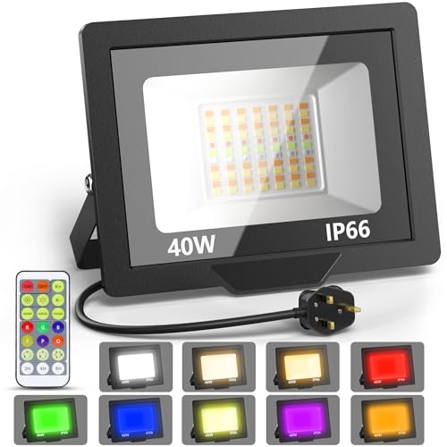 Draome RGBW LED Flood Lights Outdoor 40W, Colour Changing Flood Lights Dimmable with Remote Control and Cycle Timer, IP66 Waterproof Design, Perfect for Gardens, Landscapes and Stages. UK 3-Pin Plug