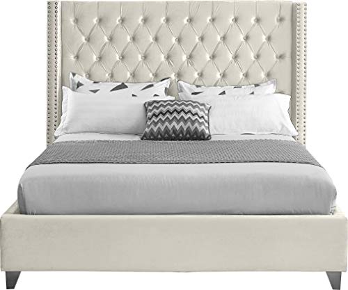 Meridian Furniture Aiden Collection Modern | Contemporary Velvet Upholstered Bed With Deep Button Tufting, Solid Wood Frame, And Custom Chrome Legs, Queen, Cream #TOP2