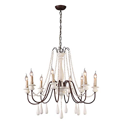 Jinyuze Ceiling Light Fixture,French Country Candle-Style Wood Bead Swag 1-Tier/2-Tier Wooden Chandelier,8 Lights,White #TOP17