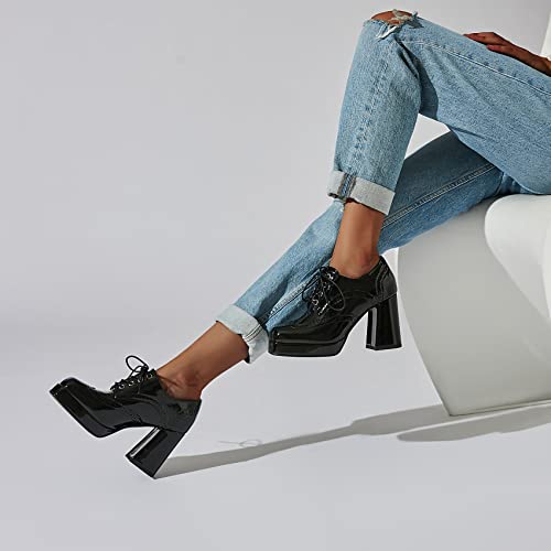 Seifin Women's Patent Leather Block High Heel Platform Pumps Square Toe Lace Up Ankle Booties Chunky Wingtip Oxford Dress Shoes(Black,Us 11) #TOP6