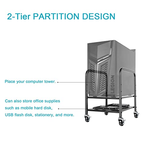 Computer Tower Stand Cpu Tower Cart, 360Tronics Adjustable Desktop Atx-Case Cart 2-Tier Pc Floor Stand, Mobile Rolling Cpu Holder With 360°Locking Caster Wheels For Office Home (Black) #TOP2