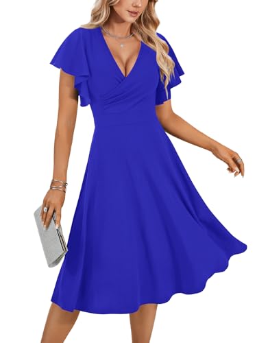 Image of LYANER Women's Warp V Neck Ruffle Short Sleeve A Line Swing Flared Cocktail Party Midi Dress