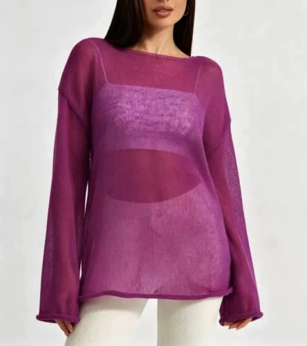 Image of Sweters for Women, Womens Sweater, O-Neck Solid Color See Through Pullover Jumper Shirt Beach