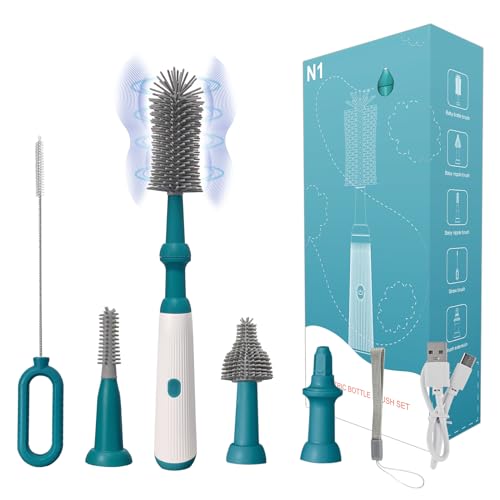 Image of Electric Bottle Brush Set with Electric Bottle Brush Cleaner, 3 Replaceable Baby Bottle Brushes and Extension Handle. Silicone Bottle Brush, Waterproof, Perfect Baby Essentials(Dark Green)