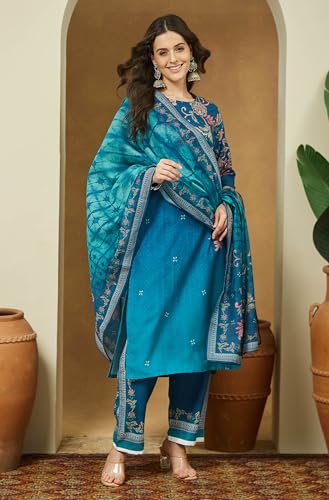 Image of Janasya Women's Cotton Blend Floral Printed Straight Kurta Set