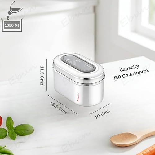 Image of Ebun Stainless Steel Top See Through Containers | Stainless Steel Container with Lid | Capsule Shape Steel Kitchen Containers Set | Steel Airtight Container | 750 Gms Capacity Approx | Pack of 3