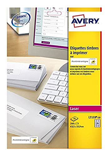 AVERY - Pochette de 240 étiquettes autocollantes ''Montimbrenligne'', Personnalisables et imprimables, Format 63,5 x 33,9 mm, Impression laser, (L7159-10)