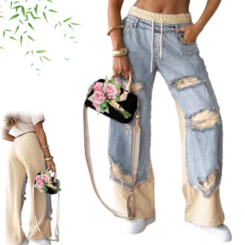 Women's Denim Trousers with Stitching and Ripped Design Casual High Waisted Drawstring Baggy Patchwork Wide Leg Jeans