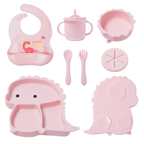 Image of PURFEA Silicone Baby Feeding Set, Baby Led Weaning Supplies, Eating Essentials Utensils with Suction Plate and Bowl, Pocket Bib, Sippy Cup with Lid, Forks Spoons Snack Container (Light Pink) 6M+