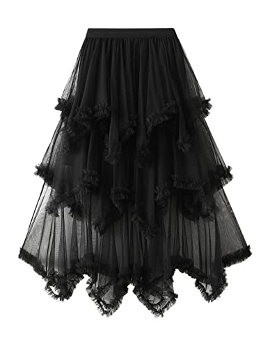 Jupe longue en tulle pour femme avec coupe irrégulière noire taille haute