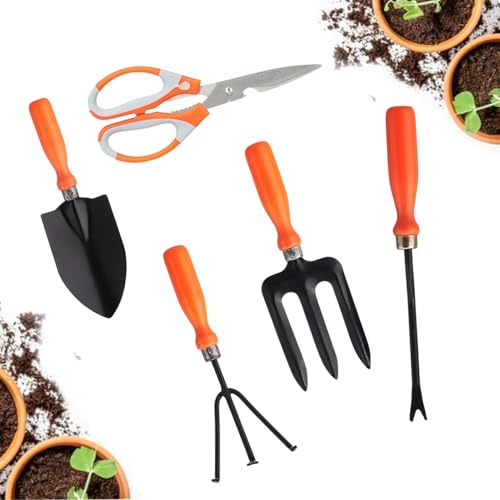 Image of Go Hooked 5 Pcs Gardening Tools Kit Cultivator, Fork, Transplanter, Weeder, Graden Scissor Heavy Duty with Soft Grip Handles Garden Tools Set for Indoor Outdoor Plants, Balcony, Home Garden Use