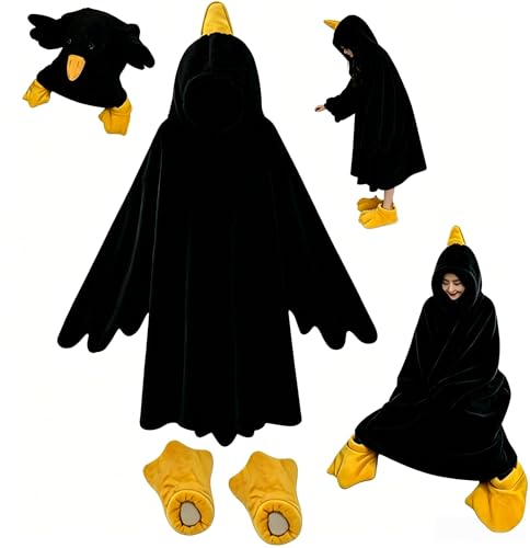 Duck Pajamas Kids Funny Goose Costume Hoodie Blanket Soft Animal Duck Onesie for Kids with Sleeves & Feet Slippers (glossy black Medium)