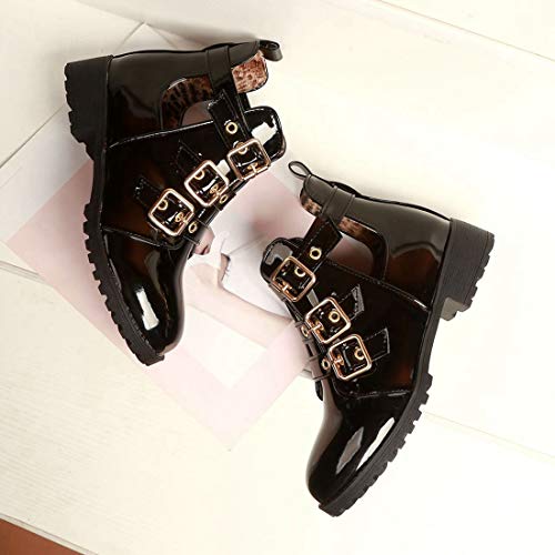 VOKLIN Women's Flat Round Toe Dressy Ankle Booties Fashion Buckle Strappy Zipper Low Heel Combat Short Boots4