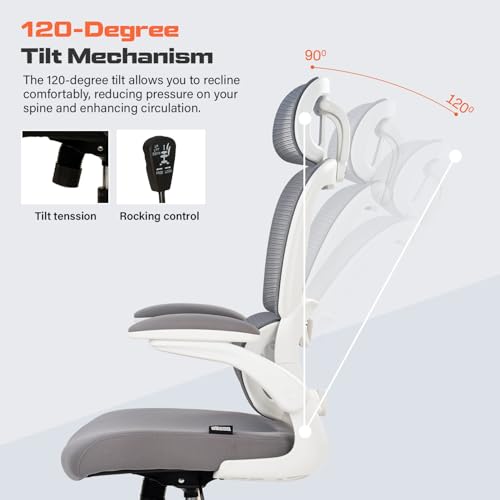 DROGO Premium Ergonomic Office Chair for Work from Home, High Back Computer Chair with Adjustable Seat, Lumbar Support & Headrest, Flip-up Armrest & Recline | Mesh Chair for Office/Home (Grey) - Image 3