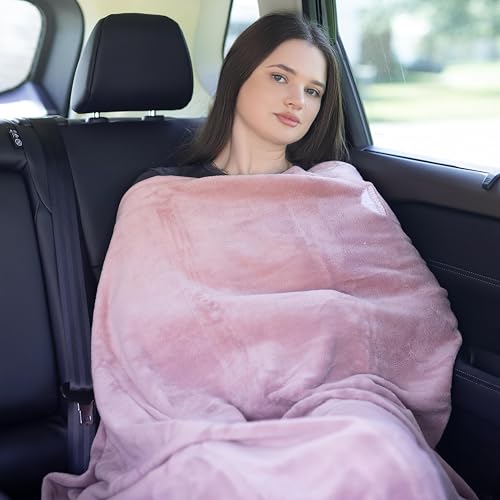 Image of BlueHills Premium Soft Long Travel Blanket Pillow for Tall Airplane Flight Blanket 70 X48 inch Throw in Soft Bag case with Backpack Clip Compact Large Plane 2 in 1 Combo Pink T055
