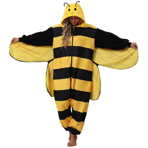 AMAMHAHAVA Bee Onesie Pajamas for Adults Bee Costume One-Piece Animal Halloween Cosplay Costumes Homewear