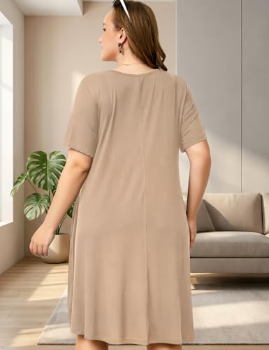 Image of OVERWORETY Womens Short Sleeve Plus Size T-Shirt Dress V Neck Casual Loose Swing A-Line Summer Tunic Dresses with Pockets