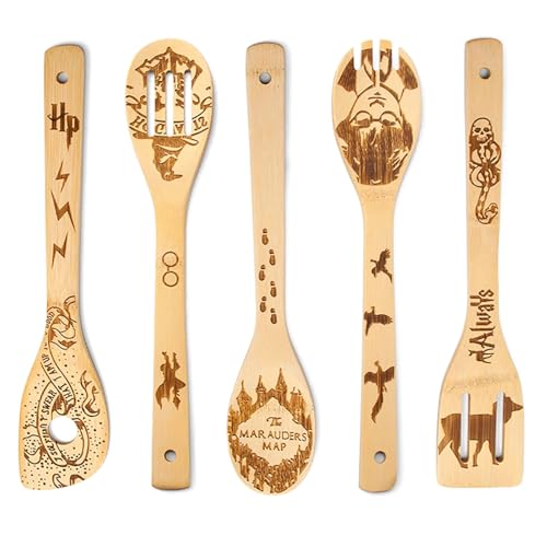SoeUyd 5 Piezas Divertido Harry Cuchara Madera Cocina, Utensilios De Cocina Madera, Espatula Madera, Natural Y Duradero, Hecho De Bambú, Perfecto Para La Familia Y Amigos