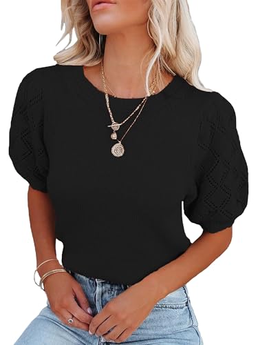 Image of Women's Short Sleeve Tops Soft Puff Sleeve Knit Top Summer Sweaters Dressy Casual