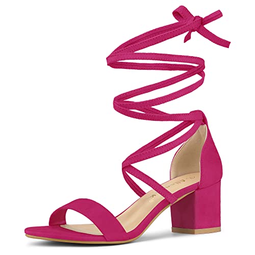 Allegra K Allegra K Women's Lace Up Mid Chunky Heeled Hot Pink Sandals 10.5 M US