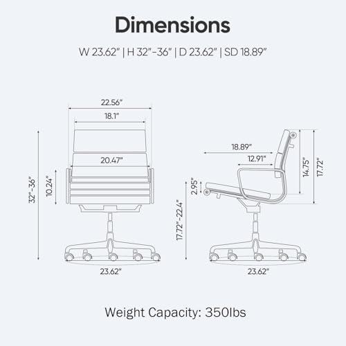 Image of Genuine Leather Office Chair, Mid Back Executive Desk Chair | Real Leather, Lumbar Support, height adjustable, tilt lock, polished aluminum base for 350lb, silent casters, timeless Design