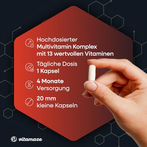 Multivitamin Kapseln hochdosiert, 13 Vitamine A, B, C, D, E, K, 120 vegetarische Kapseln für 4 Monate, ohne Jod, Natürliche Nahrungsergänzung ohne Zusatzstoffe, Made in Germany