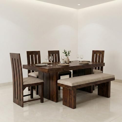 Image of SONA ART & CRAFTS Poster Solid Sheesham Wood Dining Table Set 6 Seater Dinner Dinning Table 4 Chair with 1 Bench for Dining Furniture for Living Room Home Hotel Office Self Assembly (Natural Finish)