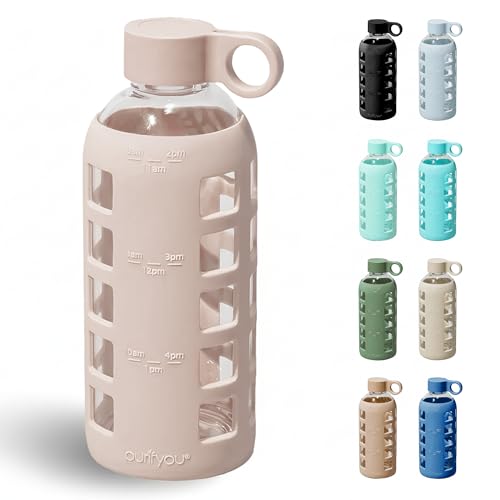 Image of purifyou 40oz / 32oz / 22oz / 12oz Borosilicate Glass Water Bottle with Time & Volume Markers, Silicone Sleeve, Stainless Steel Lid | Reusable Glass Bottle for Water & Juice (22oz Hazelnut)