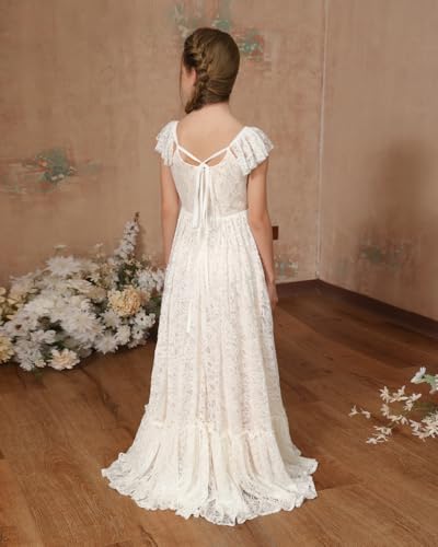JISISANG Boho Lace Flower Girls Long Dress for Wedding Cap Sleeves First Communion Dress Girls A Line Princess Dress2
