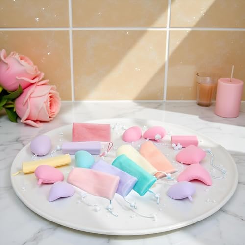 6 x mehrfarbige Peeling-Netz-Seifenbeutel, Blasenschaum-Netzbeutel für die Dusche, mit Kordelzug, Schaumnetz, Seifensack für Körper-Gesichtsreinigung, 6 Farben, die wiederholt verwendet werden