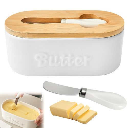 Beurrier En Porcelaine Avec Couvercle En Bois - 500 ML Céramique Avec Couteau À Beurre - Conteneur Pour Le Stockage Du Beurre (19X9,4X9 cm)